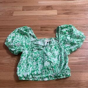 Universal Thread Puff Sleeve Crop Top Womens Small Green White Floral Print